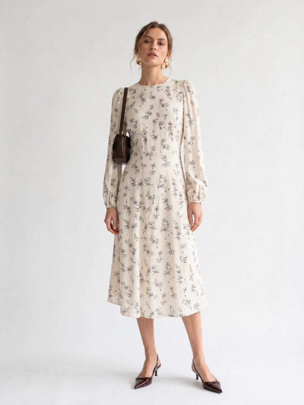 Reset by Jane Ivory Floral Crepe Midi Dress Long Sleeve Size S